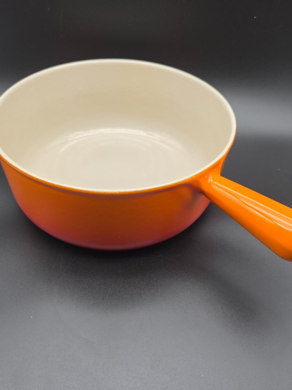 #24 Vintage Cousances Le Creuset Orange Enameled Cast Iron Saucepan 9.44 inches